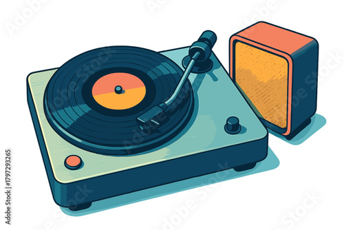 Classic turntable with a spinning vinyl record and a small portable audio speaker
