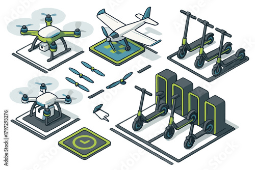Modern urban delivery and transport vehicles with drones, airplane, and electric scooters