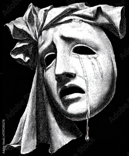 Dramatic black and white stipple drawing of a crying theatrical mask with draped fabric theater