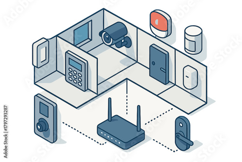 Connected smart home security devices layout in an isometric view showing network components