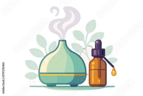 Aromatherapy diffuser and essential oil dropper bottle with natural plant leaves