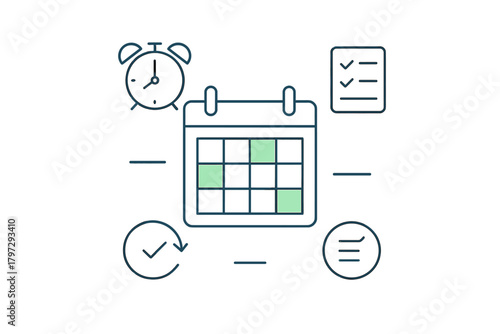 Time management and schedule planning concept featuring calendar, clock, and checklist icons
