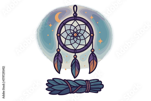Mystical dreamcatcher hanging under the starry night sky with a bundle of cleansing sage herbs