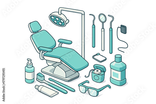Isometric set of dental care equipment, dentist chair, oral hygiene products, and tools