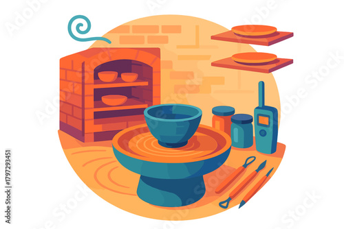 Pottery studio interior with spinning wheel, kiln, tools, and ceramic supplies