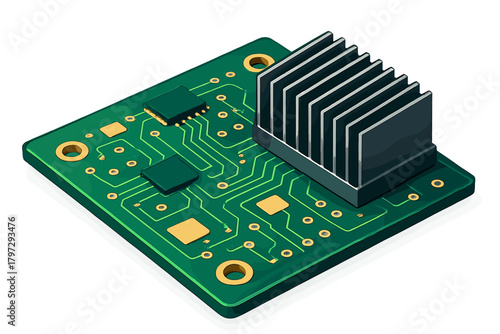 Green electronic circuit board with integrated components and cooling heatsink