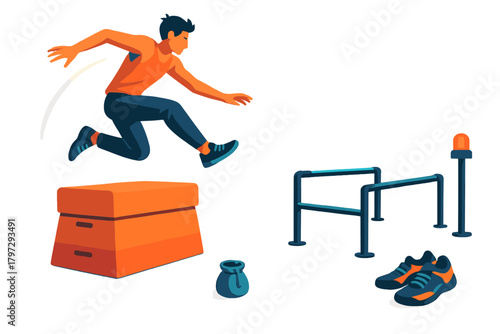 Young athletic man jumping over a large plyometric box during fitness training