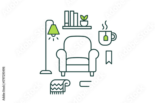 Comfortable armchair reading nook with floor lamp, bookshelf, blanket, and steaming cup of tea