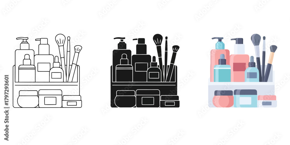 Fototapeta premium Cosmetic Product Outline Vector Set in Three Styles — Line Art, Silhouette and Color Version For Personal Care Items in a Tray