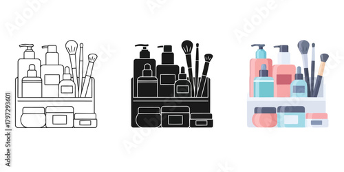 Cosmetic Product Outline Vector Set in Three Styles — Line Art, Silhouette and Color Version For Personal Care Items in a Tray