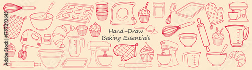 Hand Drawn Baking Bliss Whisk Mixer and Cupcake Essentials for Creative Confectionery Kitchen Decor and Artistic Dessert