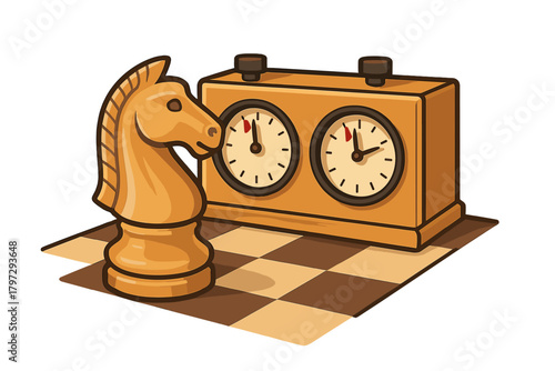 Wooden chess knight piece next to a classic analog chess clock on a checkered board