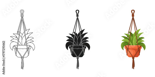 Hanging macrame plant pot Vector Set in Three Styles — Line Art, Silhouette and Color Version in a simple bedroom setting for interior design or diy projects