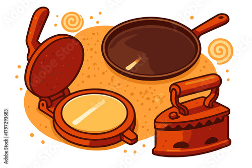 Vintage kitchen and household appliances including a frying pan, waffle maker, and clothes iron