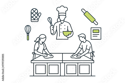 Professional chef teaching a cooking class with students kneading dough and essential baking tools