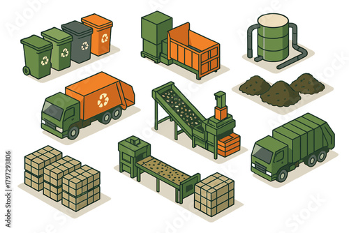 Isometric set of waste management and recycling equipment including trucks, bins, sorting machines, and bales