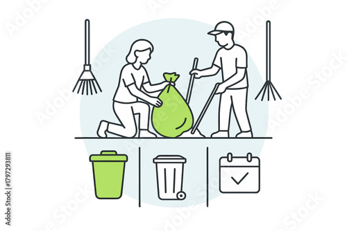 Volunteers cleaning up environment and collecting garbage using rakes and trash bins