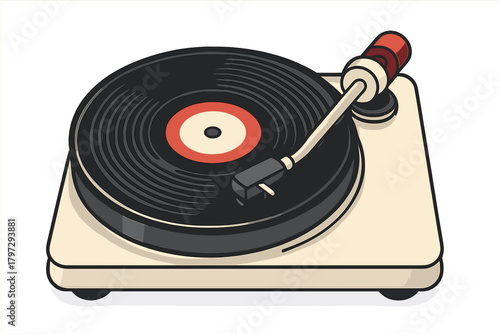 Vintage turntable playing vinyl record with tonearm and disc spinning on white background