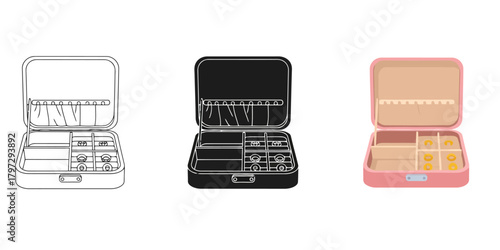 Open Jewelry Box Vector Set in Three Styles — Line Art, Silhouette and Color Version with Various Compartments and Sections for Storage