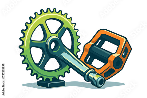 Vibrant green chainring and orange pedal attached to a bicycle crank arm component