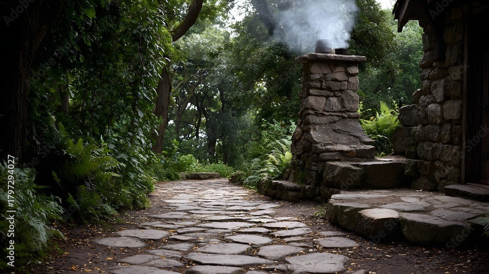 Obraz premium A rustic stone chimney with smoke rises beside a winding flagstone path through a lush green forest