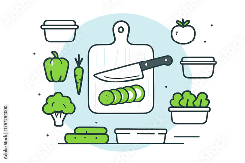 Fresh vegetables and kitchen tools for healthy meal preparation on a cutting board