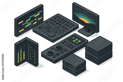 Professional audio video editing equipment set with control surface and server units