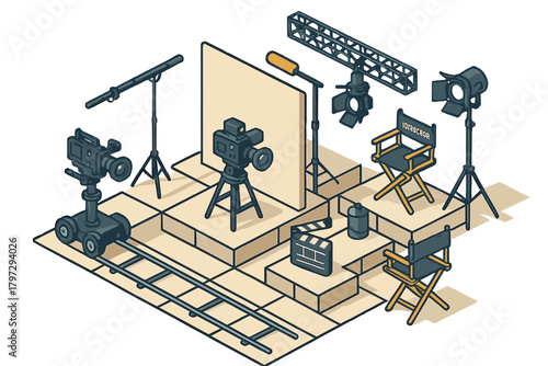 Isometric setup of movie production equipment, cameras, lighting, and stage props