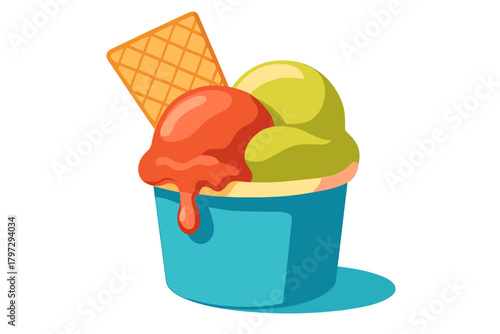Delicious dessert of two scoops of melting ice cream with waffle piece in a bright blue cup