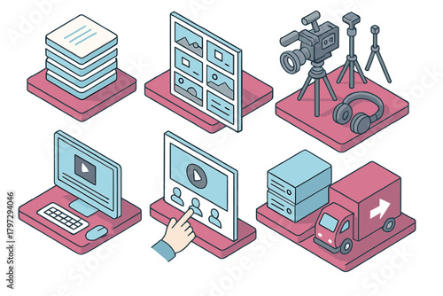 Isometric icons set for digital media production and delivery workflow