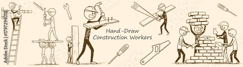 Sketch Construction Workers Tools and Teams Hand Drawn Construction Crew Illustration Building Repair and Teamwork in