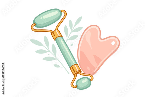Natural jade roller and rose quartz gua sha stone for facial massage and skincare
