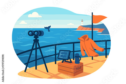 Observation setup on a boat deck with binoculars and jacket, viewing a whale tail in the ocean