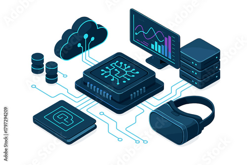 Isometric advanced computing infrastructure connecting cloud storage, data processing, virtual reality, and analytics