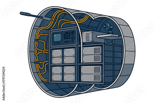 Cross section of a cylindrical space module interior showing electronic equipment and complex wiring systems