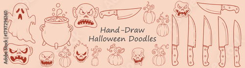 Halloween Clip Art Set Spooky Ghost Cauldron Monster Faces Pumpkins Scary Knives Hand Drawn Doodles Halloween Vector