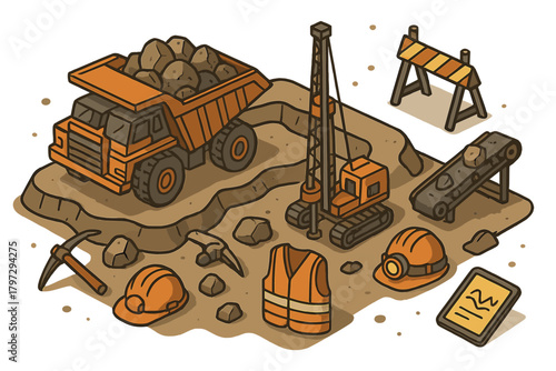 Isometric view of heavy machinery and safety equipment used in mining or quarry operations