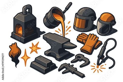 Isometric set of forging and metal fabrication equipment with anvil, crucible, furnace, and safety gear