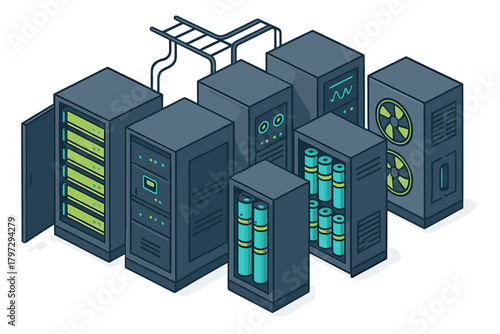 Modular data center infrastructure with server racks, battery storage, and cooling systems