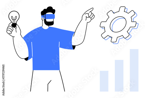 Man wearing VR headset holds lightbulb and gestures at gear and growth chart. Ideal for innovation, VR, futuristic design, creativity, problem-solving, tech development, digital solutions. Simple