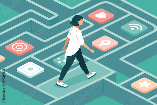 A lone person navigating a vast, flat vector maze constructed entirely from a dense grid of diverse app icons.