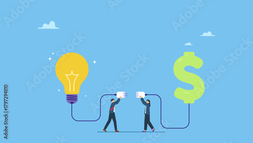 Businessman and businesswoman connect lightbulb with money dollar sign. Venture capital or financial support for startup and entrepreneur company, make money idea or idea pitching for fund raising.