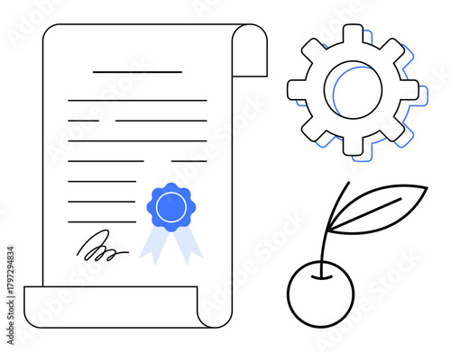 Scroll document with seal and signature, gear symbol, and cherry branch conveying certification, quality, process, eco-friendliness, growth, standards and partnerships. Ideal for business