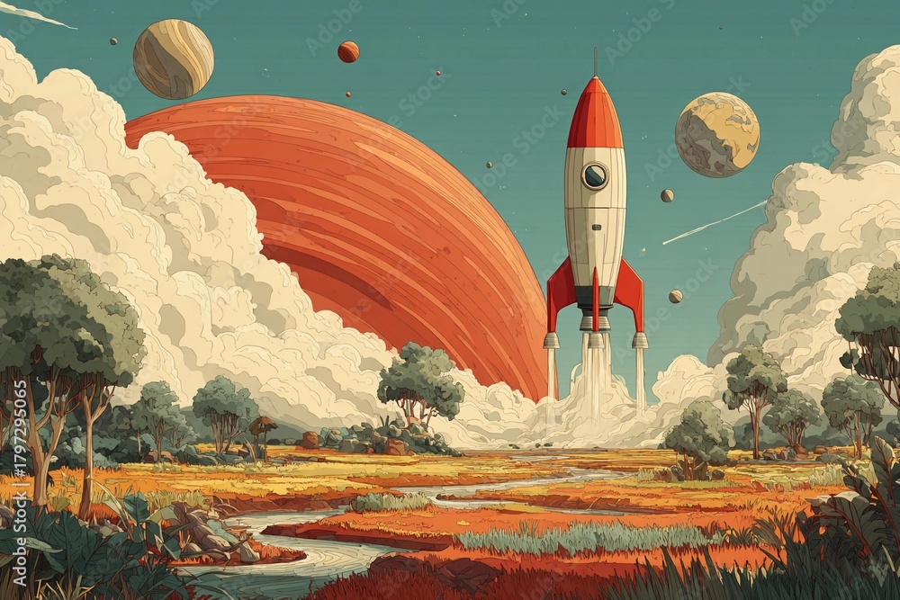 Naklejka premium Journey to the Stars From a Vibrant Alien Landscape at Sunset Generative AI