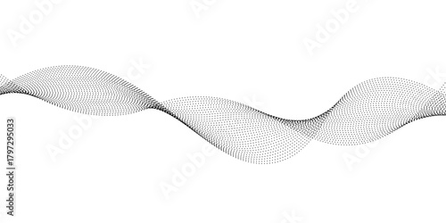 Flowing dot particles wave pattern halftone black gradient smooth curve shape isolated on transparent background. Vector in concept of technology, science, music, modern