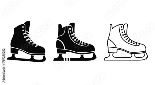 A collection of three types of ice skates in black and white