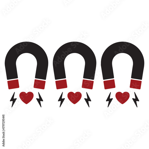 Three Horseshoe Magnets Attracting Hearts Keywords: magnet, horseshoe, attraction, love, heart