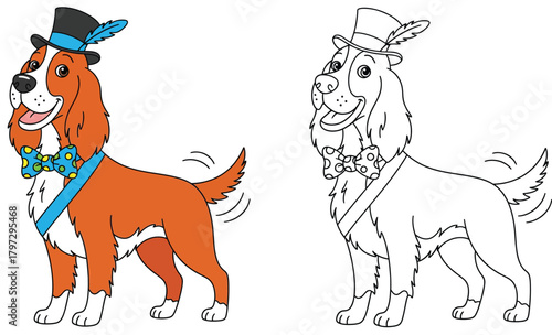 Cute Cartoon Dog Dressed in Top Hat and Bow Tie - Perfect for Coloring Books and Children's Designs
