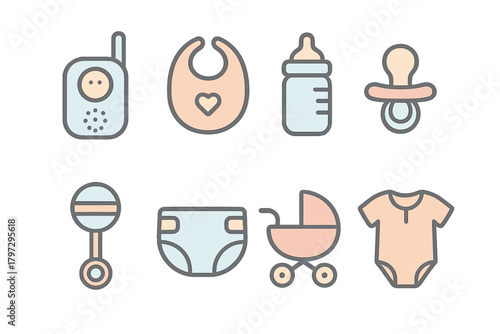 Essential items for newborn baby care including monitor bottle and pacifier
