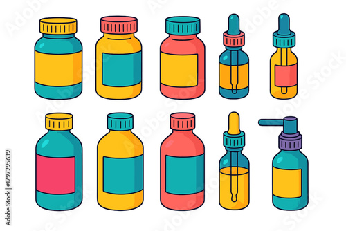 Colorful assortment of pharmaceutical bottles, dropper vials, and spray containers